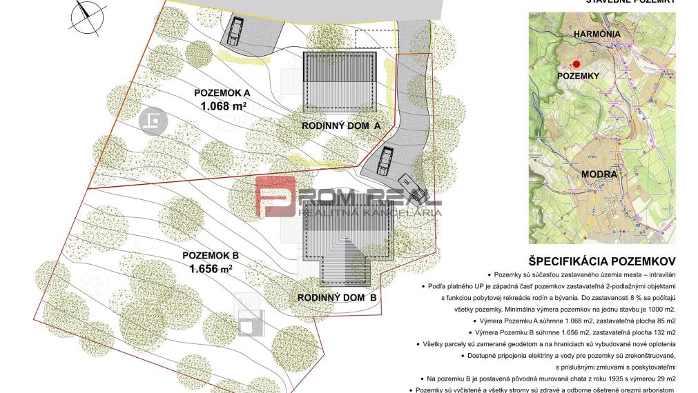 PREDAJ stavebných pozemkov MODRA Harmónia - 1068m2, 1656m2, 2725m2